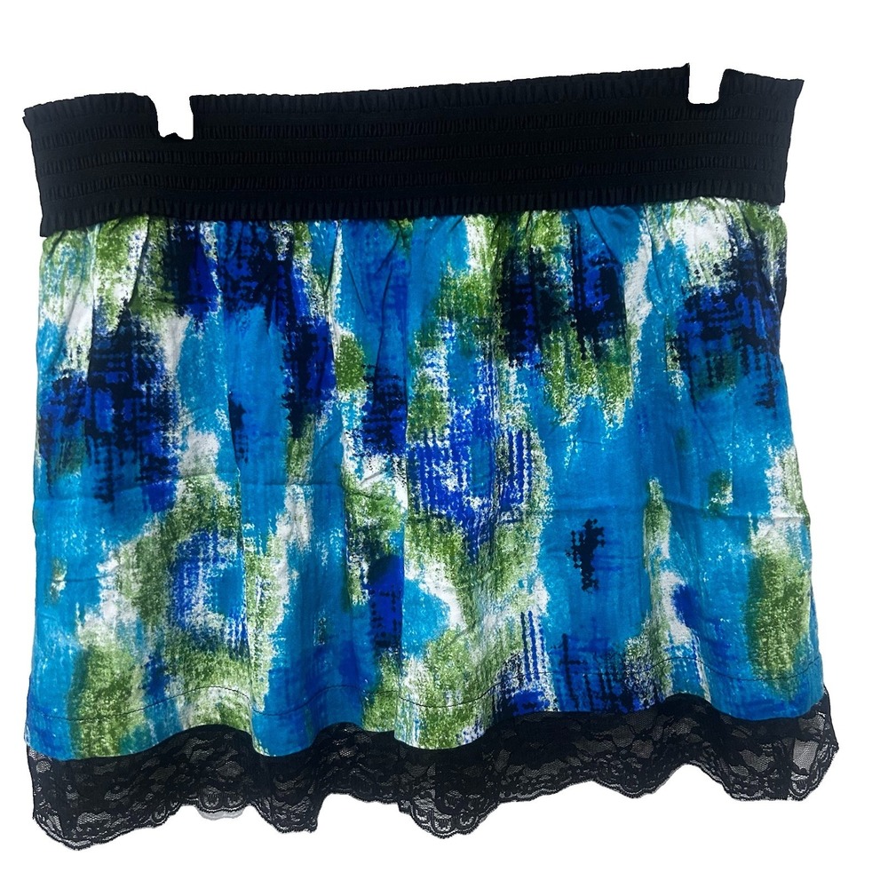 Heart Soul Y2K Abstract Print Mini Skirt Blue Green Lace Hem Smocked Waist L
